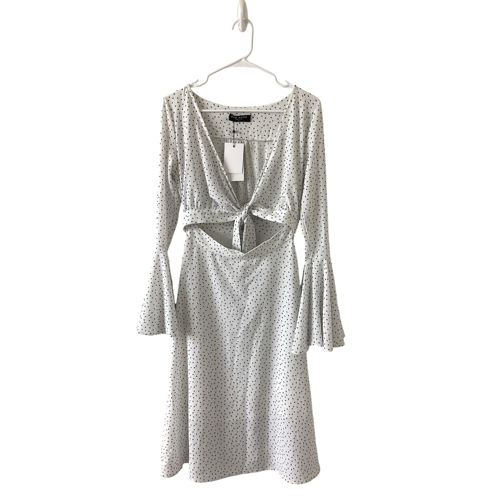 FEW MODA New York White Polka Dot Long Bell Sleeve Cutout Tie Front Dress - M